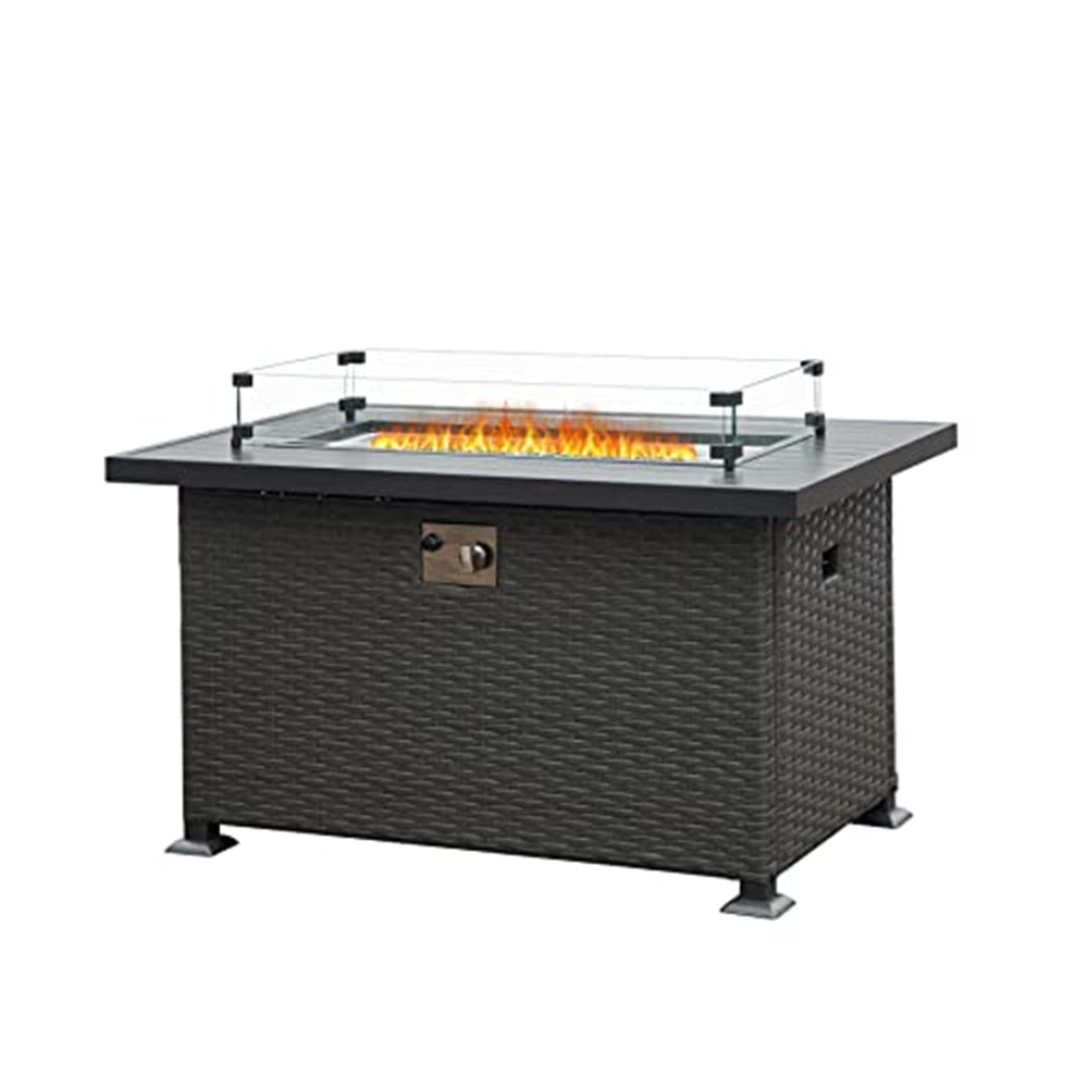 32 Inch Propane Fire Pits Table with Blue Glass Ball,50,000 BTU Outdoor Wicker Fire Table with ETL-Certified,2-in-1 Square Steel Gas Firepits (Dark Gray)