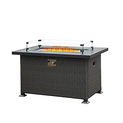 32 Inch Propane Fire Pits Table with Blue Glass Ball,50,000 BTU Outdoor Wicker Fire Table with ETL-Certified,2-in-1 Square Steel Gas Firepits (Dark Gray)