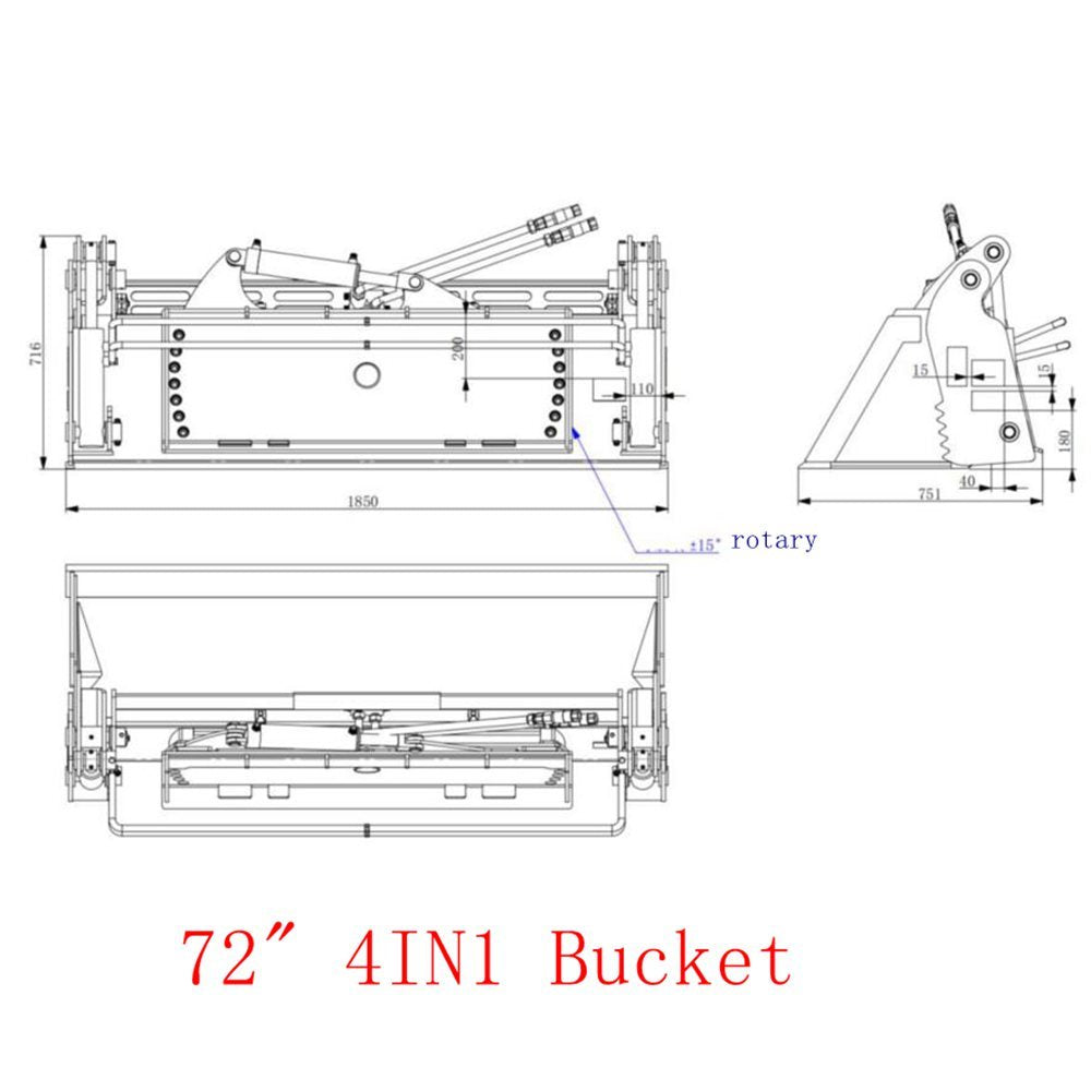 Tilting Skid Steer Attachments 72" 4IN1 Combo Bucket with Cutting Edge Quick Attach, Universal Mount