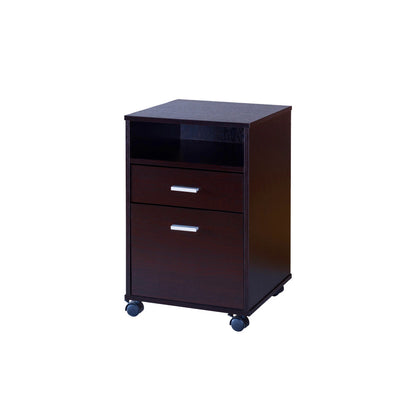 Home office desk with modesty panel and detached file cabinet on locking wheels with two drawers file drawer cubby shelf metal bar handle Red Cocoa color