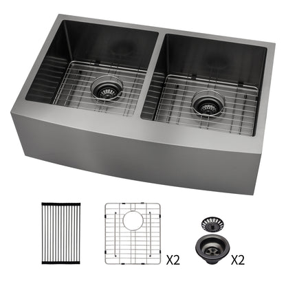 Double Bowl (60/40) Farmhouse Sink - 33"x21"x10" Stainless Steel Apron Front Kitchen Sink 16 Gauge with Two 10" Deep Basin