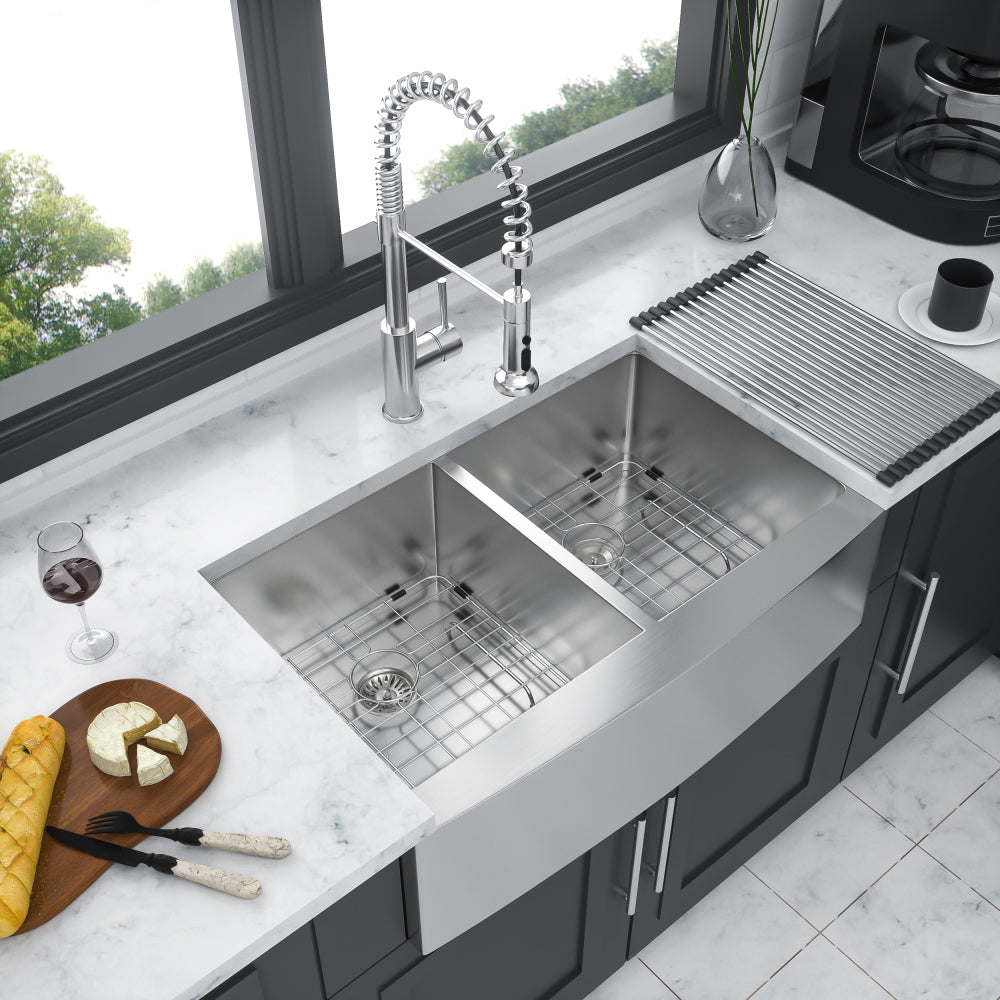 Double Bowl (60/40) Farmhouse Sink - 33"x21"x10" Stainless Steel Apron Front Kitchen Sink 16 Gauge with Two 10" Deep Basin