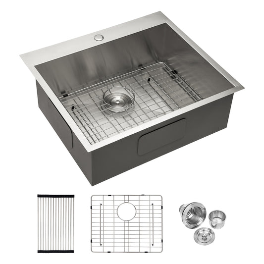 25x22x9 inch Kitchen Sink Drop In 18 Gauge Stainless Steel 25" Single Bowl Topmount Kitchen Sink Basin