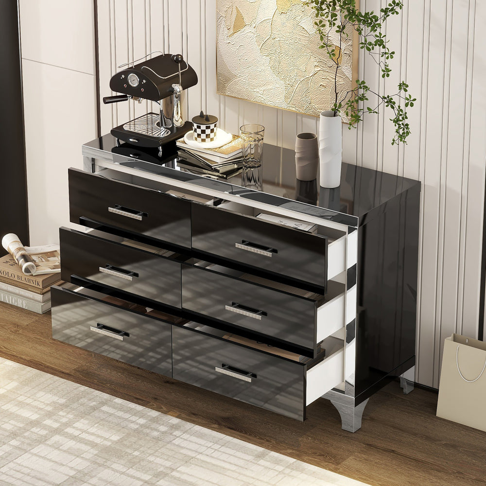 Elegant High Gloss Dresser with Metal Handle,Mirrored Storage Cabinet with 6 Drawers for Bedroom,Living Room,Black