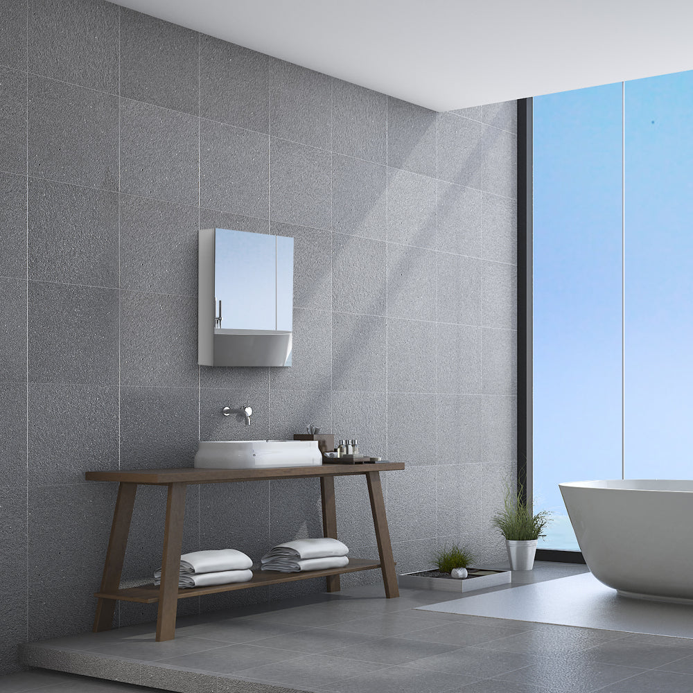 24" W x 30" H Single-Door Bathroom Medicine Cabinet with Mirror, Recessed or Surface Mount Bathroom Wall Cabinet, Beveled Edges,Silver