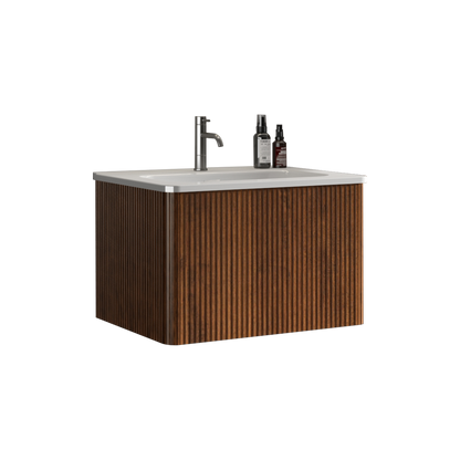 U046-Etna24W-305 Etna 24" Striped Walnut Bathroom Vanity with White Ceramic Sink, Wall Mounted Floating Bathroom Vanity for Modern Bathroom, Pre-assembled