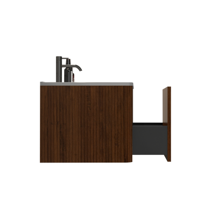 U046-Etna24W-305 Etna 24" Striped Walnut Bathroom Vanity with White Ceramic Sink, Wall Mounted Floating Bathroom Vanity for Modern Bathroom, Pre-assembled