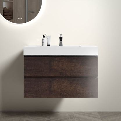 Alice 36" Walnut Bathroom Vanity with Sink, Large Storage Wall Mounted Floating Bathroom Vanity for Modern Bathroom, One-Piece White Sink Basin without Drain and Faucet, Pre-assembled