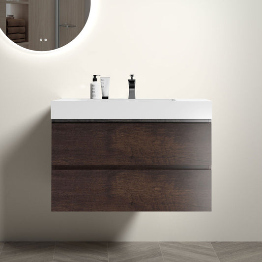 Alice 36" Walnut Bathroom Vanity with Sink, Large Storage Wall Mounted Floating Bathroom Vanity for Modern Bathroom, One-Piece White Sink Basin without Drain and Faucet, Pre-assembled