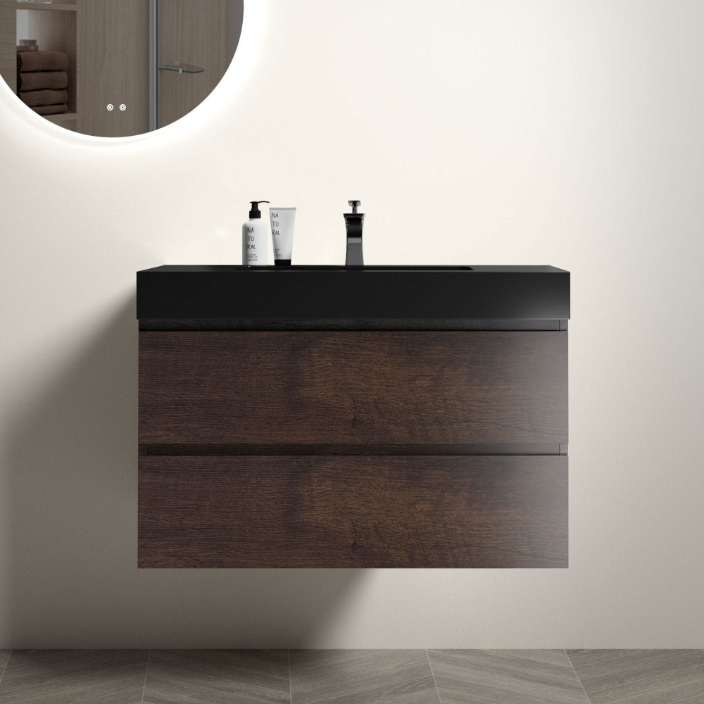 Alice 36" Walnut Bathroom Vanity with Sink, Large Storage Wall Mounted Floating Bathroom Vanity for Modern Bathroom, One-Piece White Sink Basin without Drain and Faucet, Pre-assembled