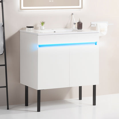 24" Bathroom Vanity with Sink, Radar Sensing Light, Large Storage Space and Metal legs, Wall Mounted/Standing Bathroom Vanity Sink,White