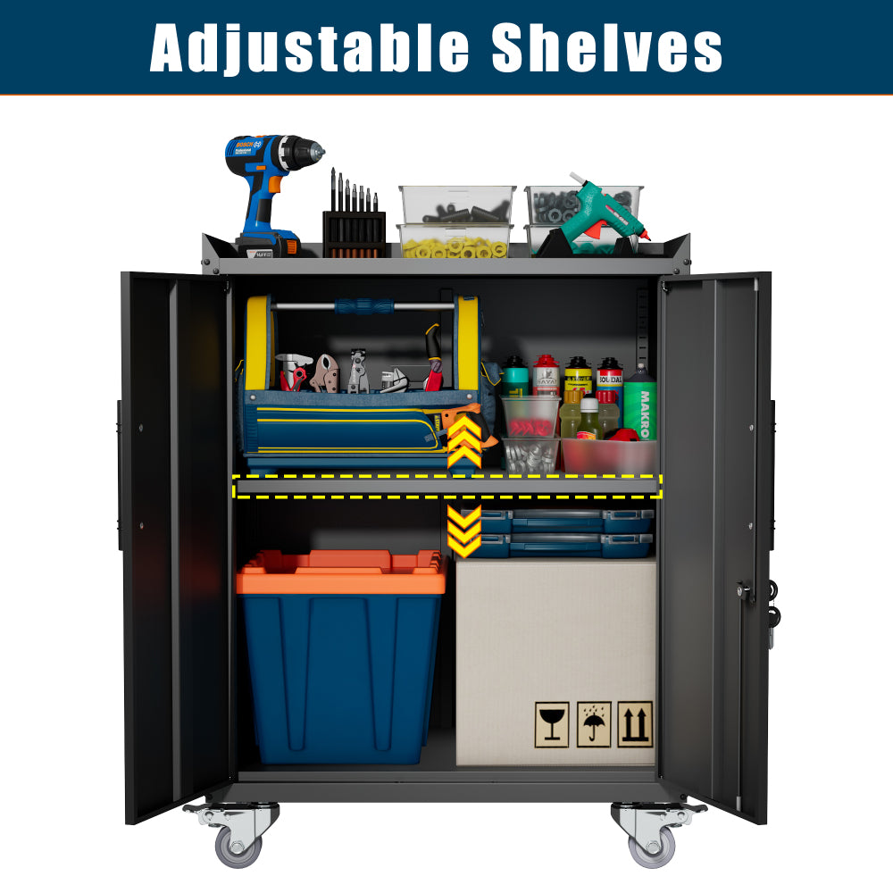 2 Door Tool Cabinets for Garage, Lockable Garage Storage Cabinet, Locking Metal Storage Cabinet with Wheels, Rolling Tool Chest, Assembly Required H35*W30.3*D18