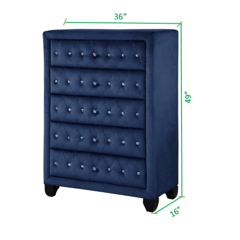 Modern Style Crystal Tufted Upholstery 5-Drawer Chest finished with Velvet Fabric made with Wood in Blue