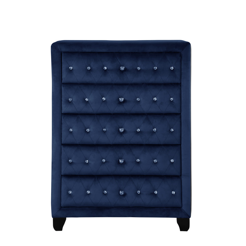 Modern Style Crystal Tufted Upholstery 5-Drawer Chest finished with Velvet Fabric made with Wood in Blue