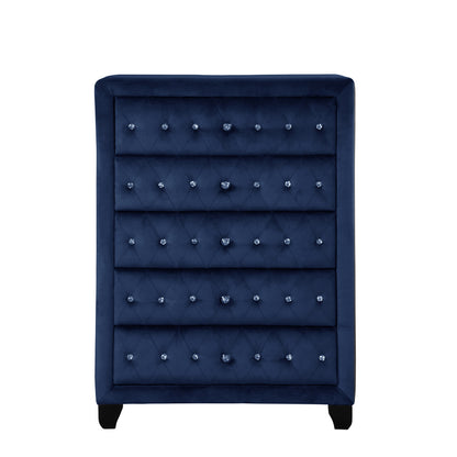 Modern Style Crystal Tufted Upholstery 5-Drawer Chest finished with Velvet Fabric made with Wood in Blue
