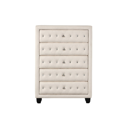 Modern Style Crystal Tufted Upholstery 5-Drawer Chest finished with Velvet Fabric made with Wood in Blue