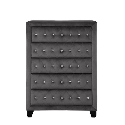 Modern Style Crystal Tufted Upholstery 5-Drawer Chest finished with Velvet Fabric made with Wood in Blue