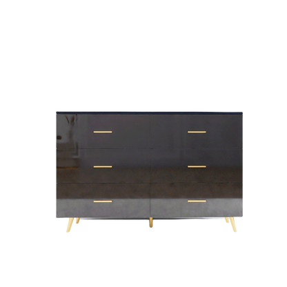 High Glossy Surface 6 Drawers Chest of Drawer with Golden Handle and Golden Steel Legs Black Color Vanity