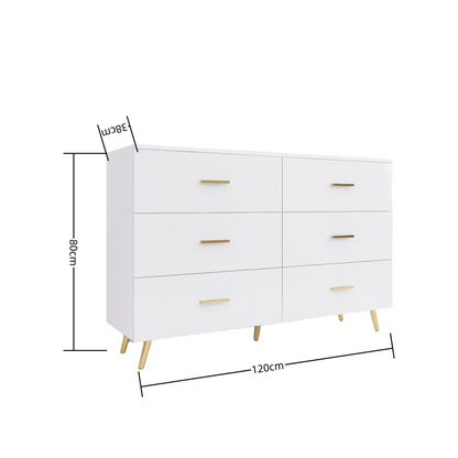 High Glossy Surface 6 Drawers Chest of Drawer with Golden Handle and Golden Steel Legs White Color Vanity