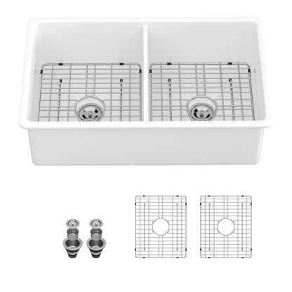 32" Undermount Double Bowl Ceramic Kitchen Sink - Dual Mount White Ceramic Rectangular Deep Double Bowl Sink Basin