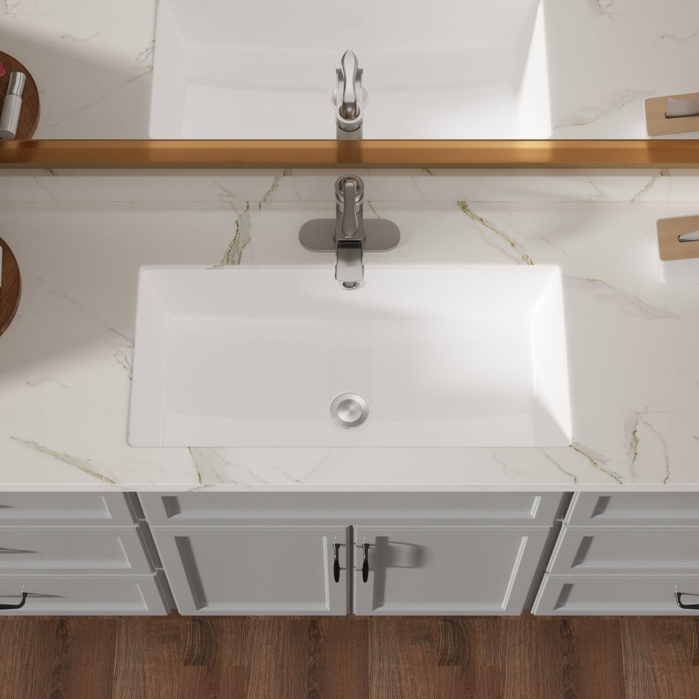 18"x12" White Ceramic Rectangular Undermount Bathroom Sink with Overflow