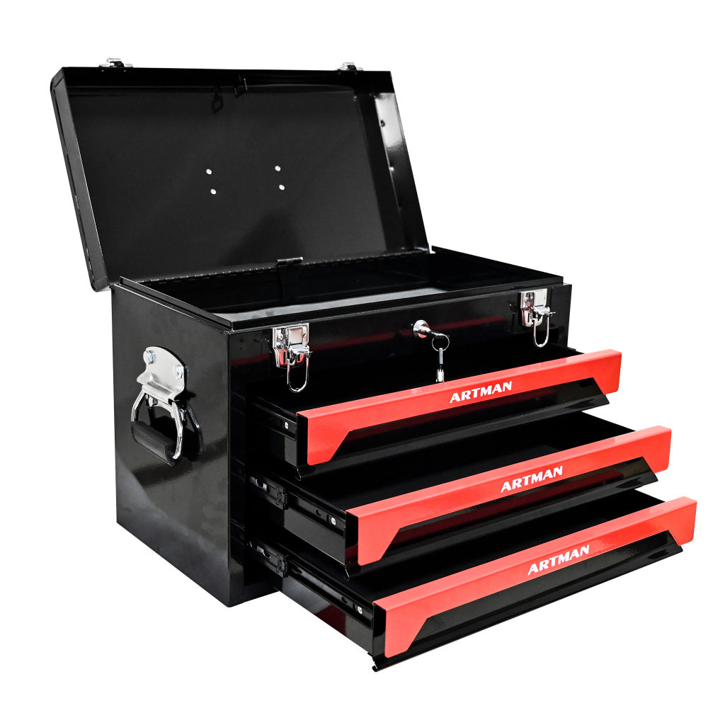 20" Portable 3 Drawer Steel Tool Box with Metal Latch Closure, Black&Red