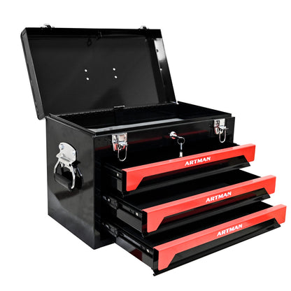 20" Portable 3 Drawer Steel Tool Box with Metal Latch Closure, Black&Red