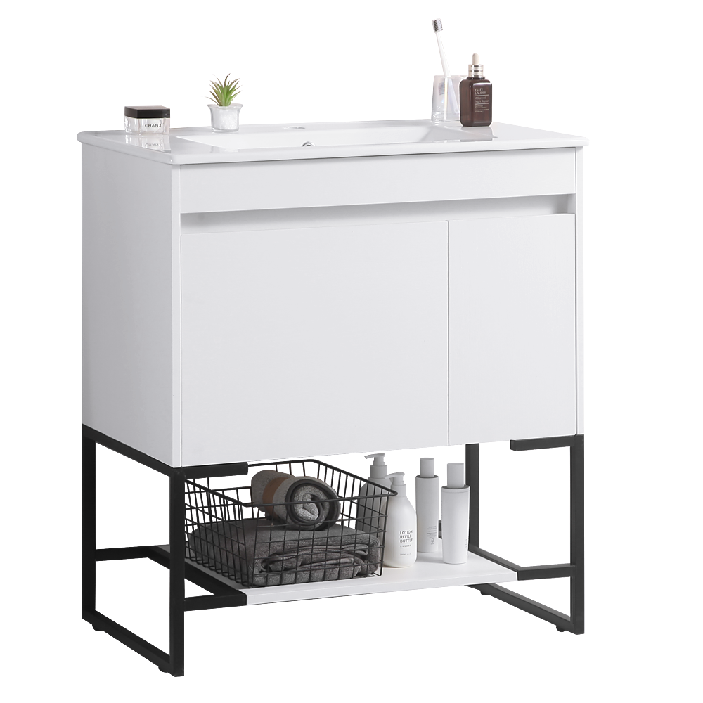 30" Bathroom Vanity with Sink,Bathroom Vanity Cabinet with One Soft Close Cabinet Doors & soft-close Drawers,Bathroom Storage Cabinet with a Lower Open Shelf,with Metal Legs,White Ceramic Sink,White