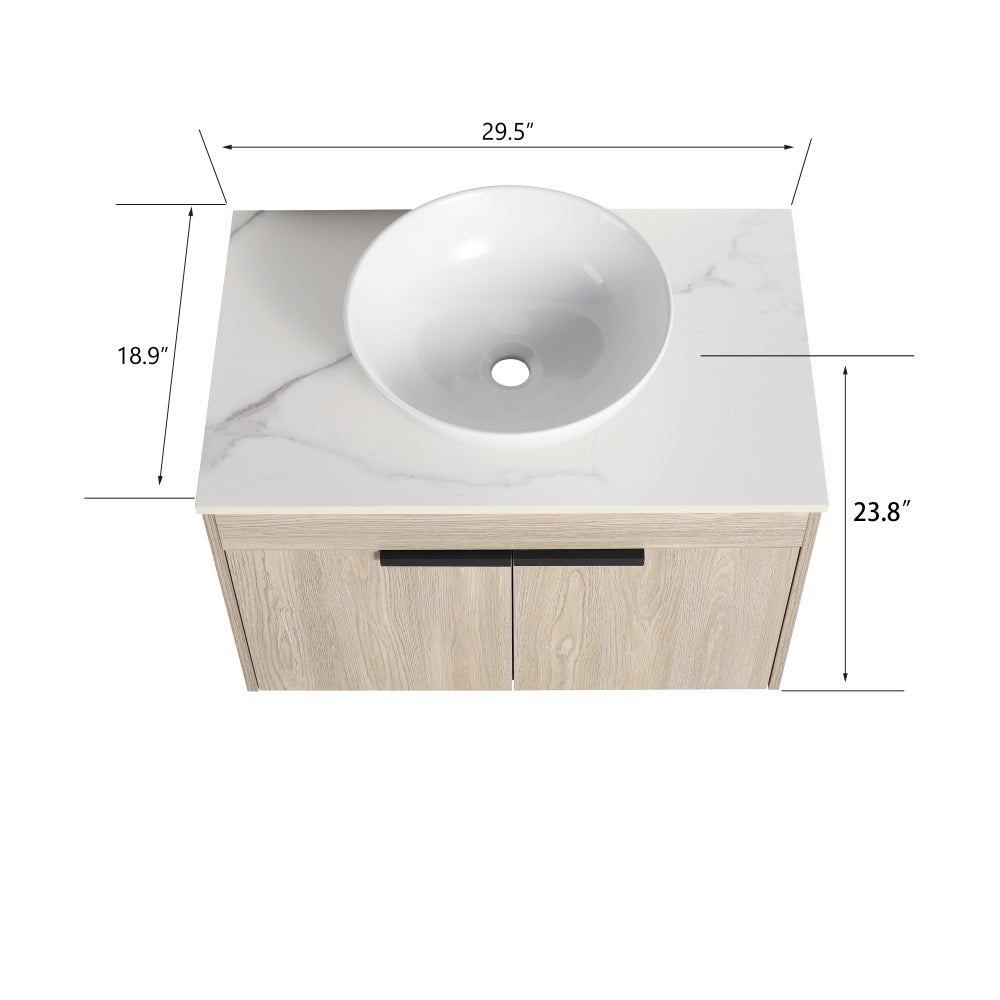 30 " Modern Design Float Bathroom Vanity With Ceramic Basin Set,  Wall Mounted White Oak Vanity  With Soft Close Door,KD-Packing,KD-Packing,2 Pieces Parcel(TOP-BAB321MOWH)