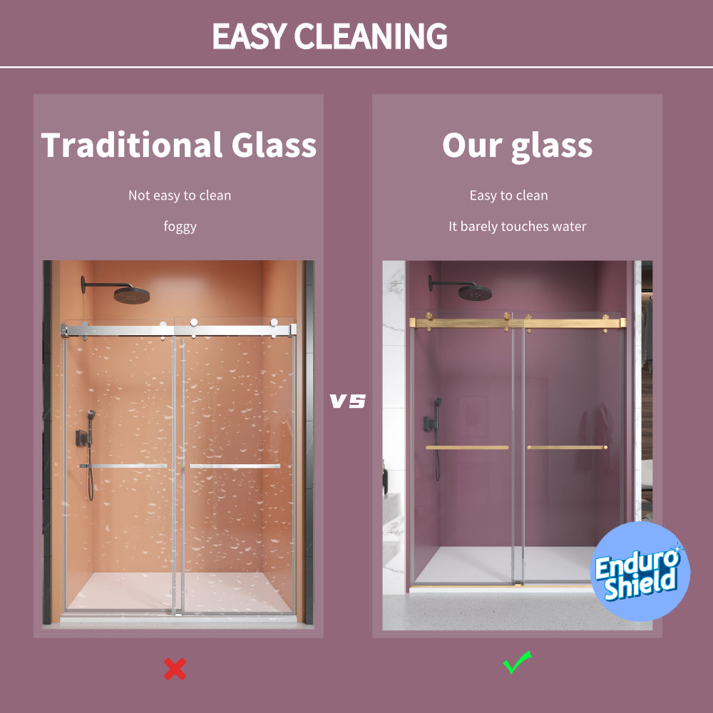56'' - 60'' W x 76'' H Double Sliding Frameless Shower Door With 3/8 Inch (10mm) Clear Glass in Brushed Gold