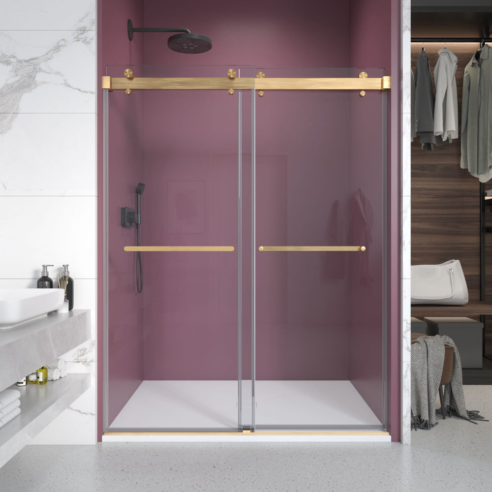 56'' - 60'' W x 76'' H Double Sliding Frameless Shower Door With 3/8 Inch (10mm) Clear Glass in Brushed Gold
