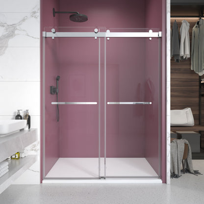 56'' - 60'' W x 76'' H Double Sliding Frameless Shower Door With 3/8 Inch (10mm) Clear Glass in Brushed Gold