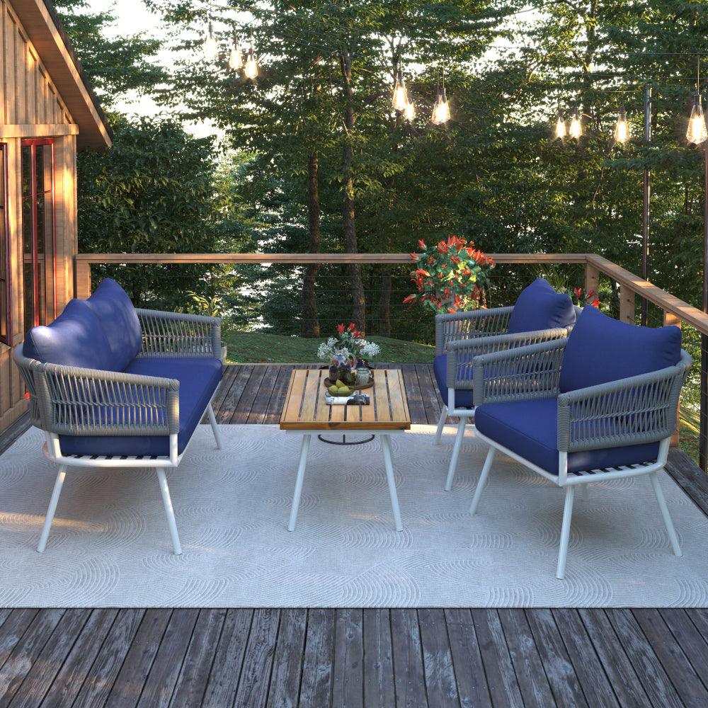 K&K 4-Piece Boho Rope Patio Furniture Set, Outdoor Furniture with Acacia Wood Table, Patio Conversation Set with Deep Seating & Thick Cushion for Backyard Porch Balcony, Navy Blue