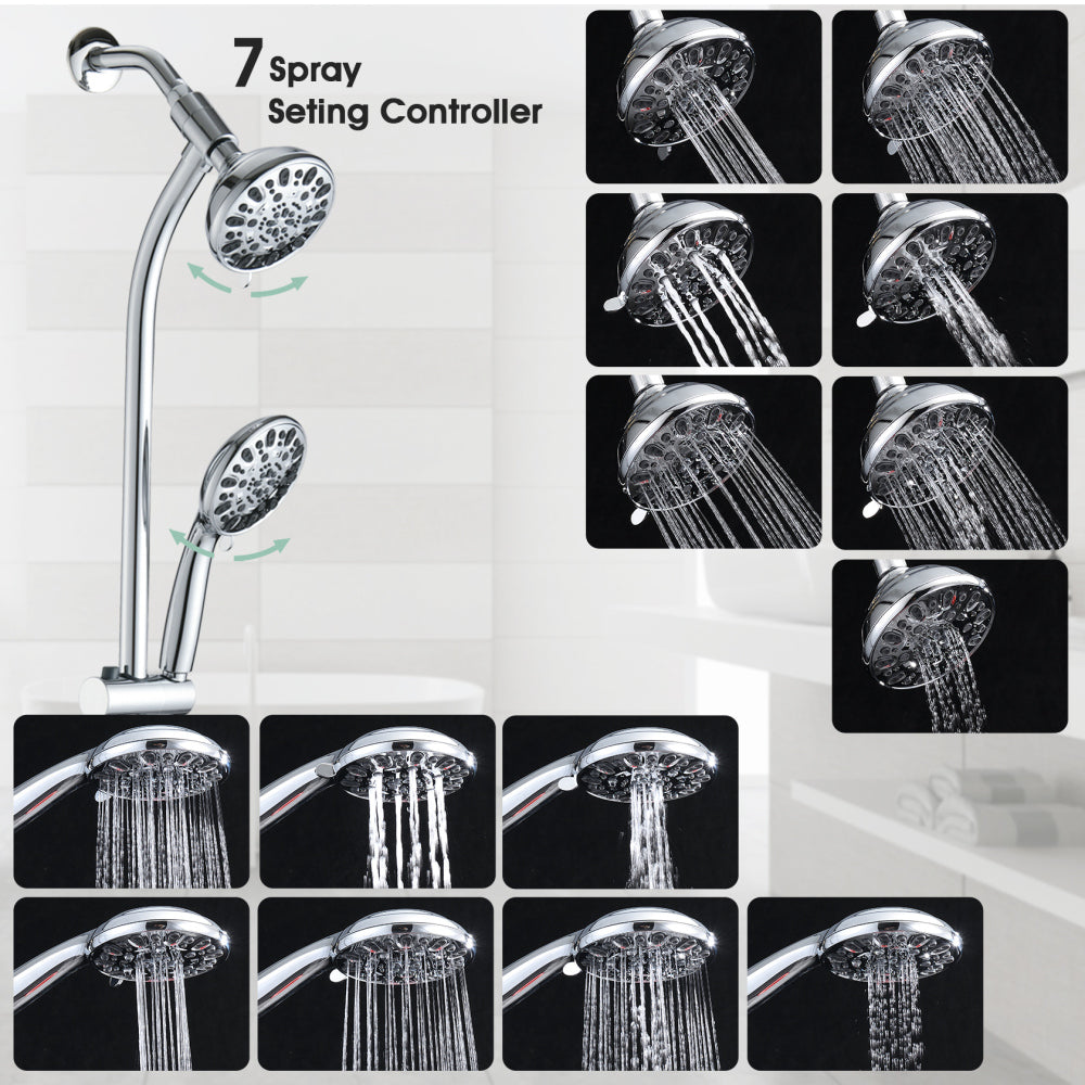 Drill-Free Stainless Steel Slide Bar Combo Rain Showerhead 7-Setting Hand, Dual Shower Head Spa System (Rough-in Valve Included)