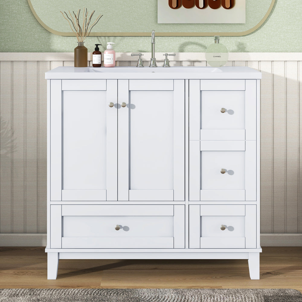 36 Inch Modern Bathroom Vanity with USB Charging, Two Doors and Three Drawers Bathroom Storage Vanity Cabinet, Small Bathroom Vanity cabinet with single sink , White & Gray Blue - Faucets Not Included
