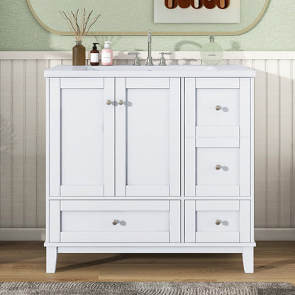 36 Inch Modern Bathroom Vanity with USB Charging, Two Doors and Three Drawers Bathroom Storage Vanity Cabinet, Small Bathroom Vanity cabinet with single sink , White & Gray Blue - Faucets Not Included