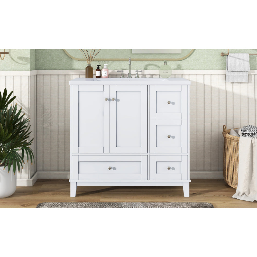 36 Inch Modern Bathroom Vanity with USB Charging, Two Doors and Three Drawers Bathroom Storage Vanity Cabinet, Small Bathroom Vanity cabinet with single sink , White & Gray Blue - Faucets Not Included