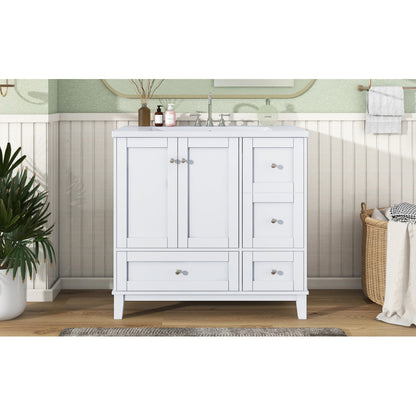 36 Inch Modern Bathroom Vanity with USB Charging, Two Doors and Three Drawers Bathroom Storage Vanity Cabinet, Small Bathroom Vanity cabinet with single sink , White & Gray Blue - Faucets Not Included