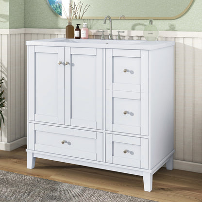 36 Inch Modern Bathroom Vanity with USB Charging, Two Doors and Three Drawers Bathroom Storage Vanity Cabinet, Small Bathroom Vanity cabinet with single sink , White & Gray Blue - Faucets Not Included
