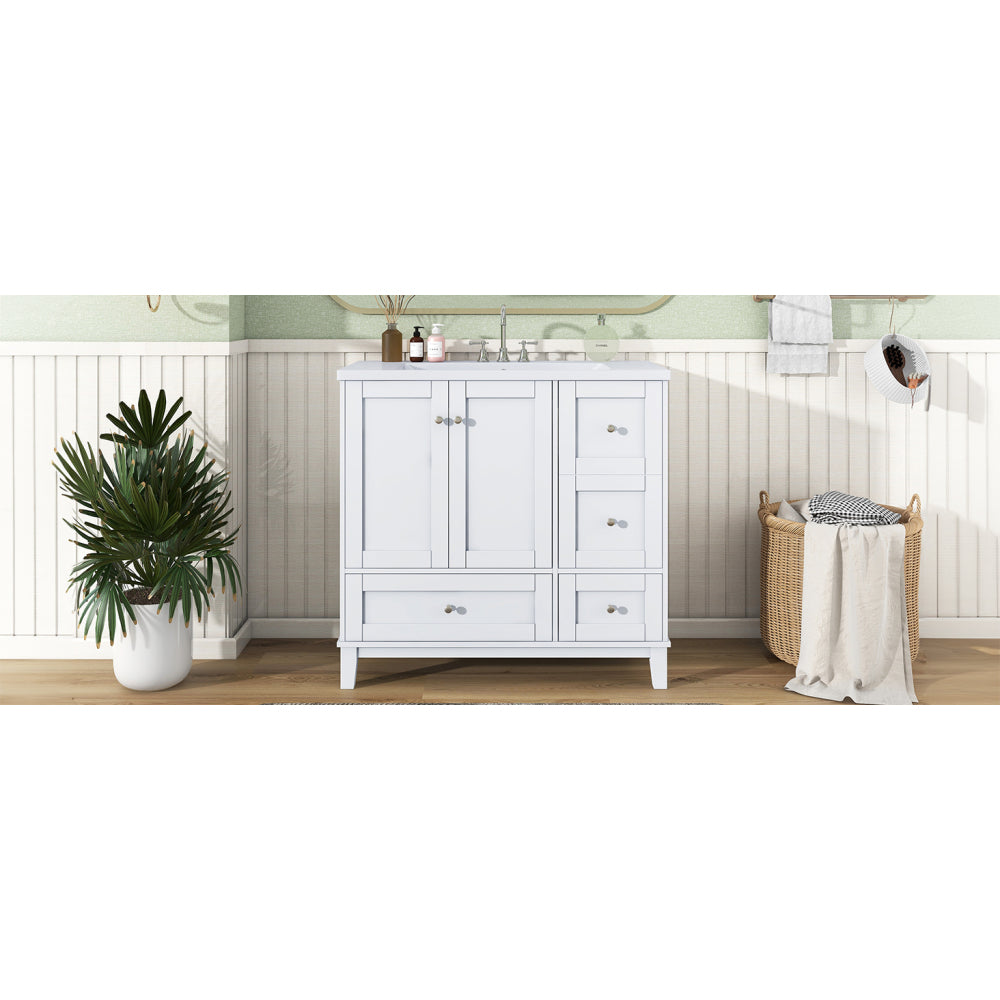 36 Inch Modern Bathroom Vanity with USB Charging, Two Doors and Three Drawers Bathroom Storage Vanity Cabinet, Small Bathroom Vanity cabinet with single sink , White & Gray Blue - Faucets Not Included