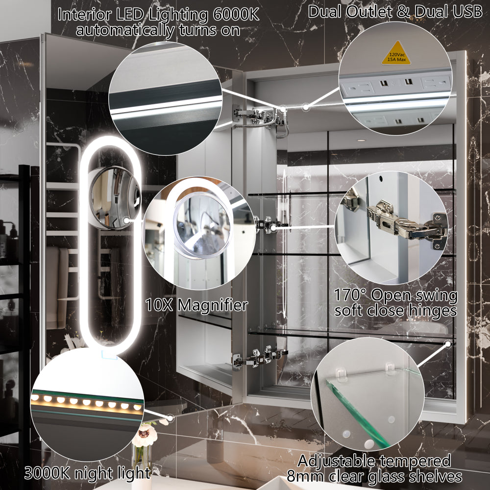 Smart LED Medicine Cabinet with GFCI Outlet & Blum Hinges, Built-in High-Power Outlet , 24*36inch , Stepless Dimming & Anti-Fog , Integrated Design , Multifunctional Bathroom Storage , Left Hinge