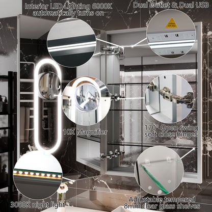 Smart LED Medicine Cabinet with GFCI Outlet & Blum Hinges, Built-in High-Power Outlet , 24*36inch , Stepless Dimming & Anti-Fog , Integrated Design , Multifunctional Bathroom Storage , Left Hinge
