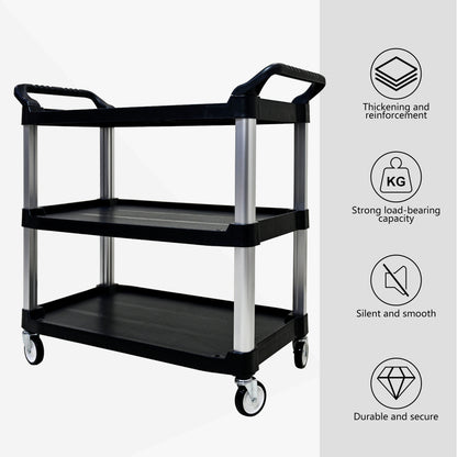 Plastic Commercial Cart Large Size, Restaurant Cart with Wheels Lockable, Heavy Duty Utility Service Cart for Foodservice, Commercial,Office, Warehouse, Black, 40.1x20.0x38.1 inches.