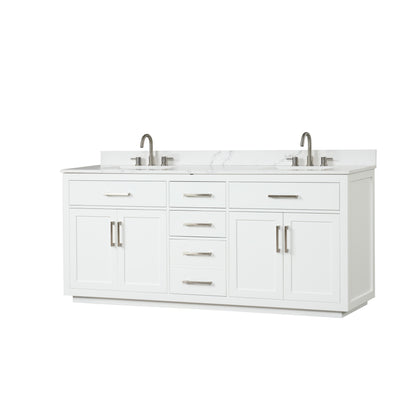 80" Bathroom Vanity with Double Sink, Freestanding Modern Bathroom Vanity with Soft-Close Cabinet and 3 Drawers, Solid Wood Bathroom Storage Cabinet with Quartz Countertop, White