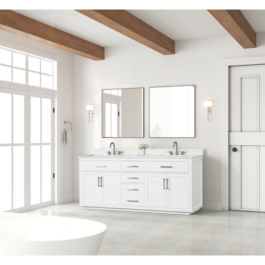 80" Bathroom Vanity with Double Sink, Freestanding Modern Bathroom Vanity with Soft-Close Cabinet and 3 Drawers, Solid Wood Bathroom Storage Cabinet with Quartz Countertop, White