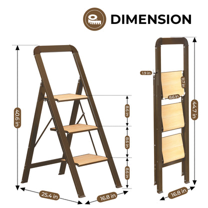 3 Step Ladder Folding Step Stool for Adults with Wide Anti-Slip Pedal, Aluminium Lightweight Foldable Step Ladders for Home Kitchen Office, 580 lbs Capacity, Brown