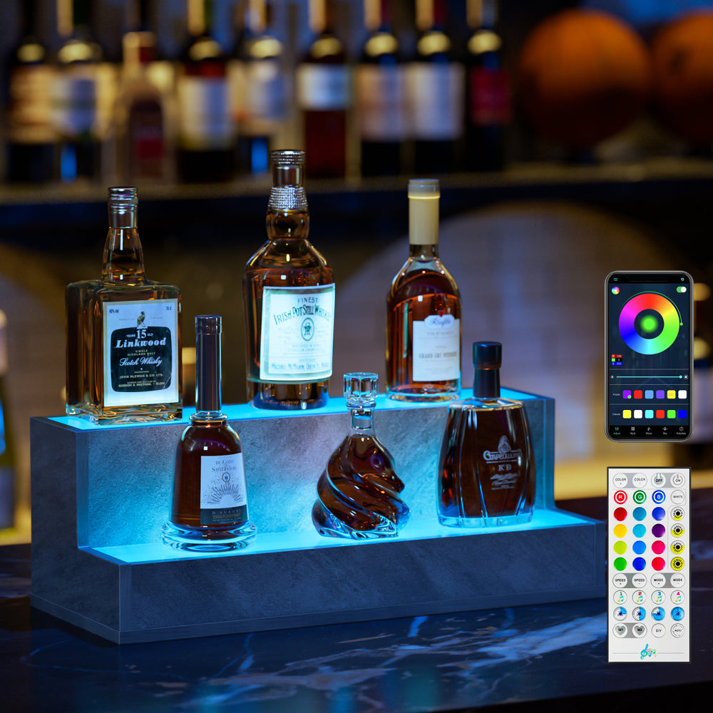 LED Lighted Liquor Bottle Display Shelf, 37 Inch Bar Display Shelf, DIY Illuminated Bottle Shelf with App & Remote Control, 3 Step Freestanding Holding Bottles for Home Bar, Party, Grey