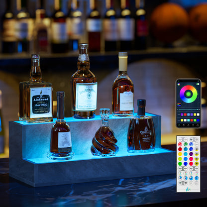 LED Lighted Liquor Bottle Display Shelf, 37 Inch Bar Display Shelf, DIY Illuminated Bottle Shelf with App & Remote Control, 3 Step Freestanding Holding Bottles for Home Bar, Party, Grey