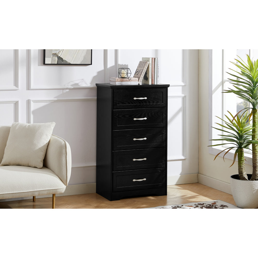 Modern 5 Tier Bedroom Chest of Drawers, Dresser with Drawers, Clothes Organizer -Metal Pulls for Living Room, Bedroom, Hallway, Black, 25.2″L x 15.8″W x 43.5″H