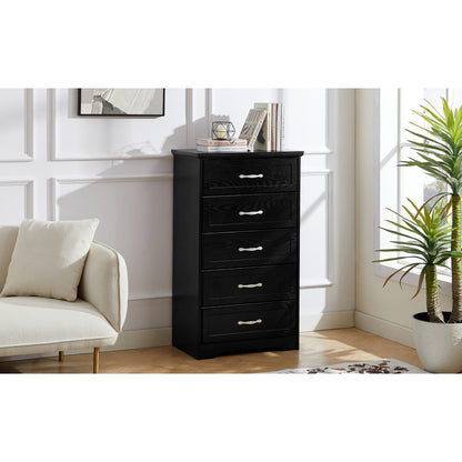 Modern 5 Tier Bedroom Chest of Drawers, Dresser with Drawers, Clothes Organizer -Metal Pulls for Living Room, Bedroom, Hallway, Black, 25.2″L x 15.8″W x 43.5″H